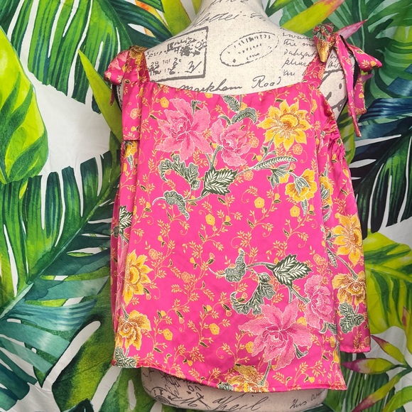 NWT Forever 21 L Pink Floral Satin Tie Strap Crop Cold Shoulder Feminine Blouse - Picture 2 of 12